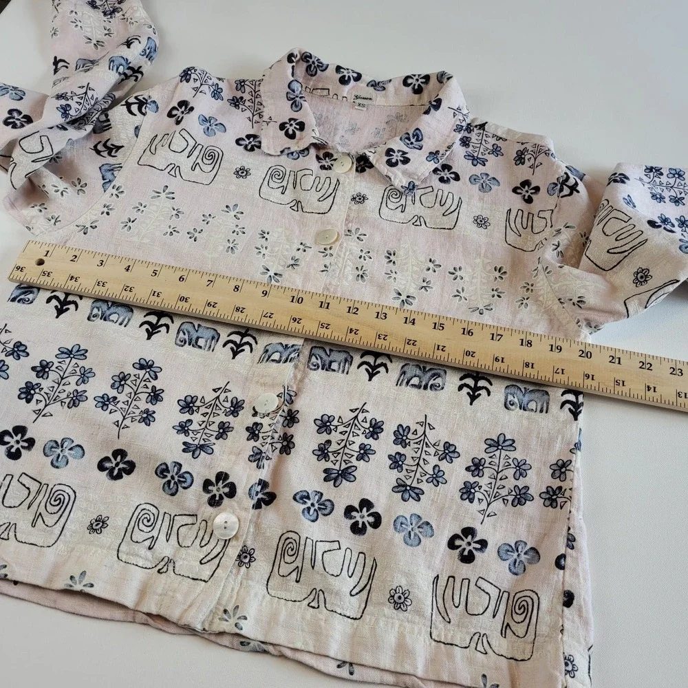 Garson Linen Pant Suit Set Size XS Blue and Cream Elastic Waist Button Top VTG - Picture 8 of 13